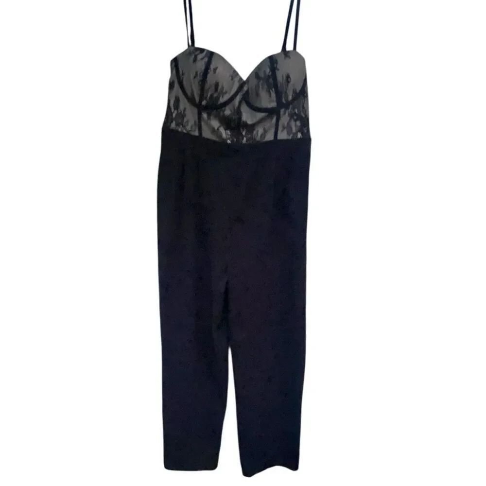 Lulus Sexy Black Lace Mesh Bodice Bustier Jumpsuit Spaghetti Strap Party Romper